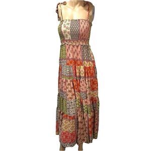 Abel The Label Dress Patchwork Maxi Beach Smocked Boho Cottage Size XS